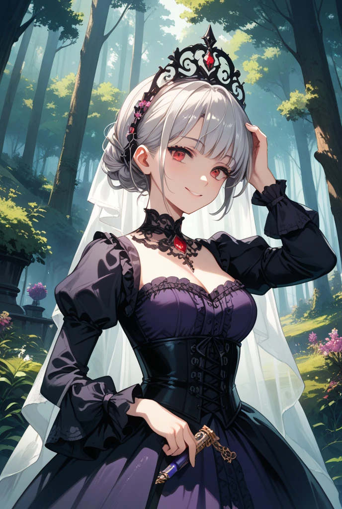 A girl with short white hair with green eyes with tattoos and wearing a wedding dress