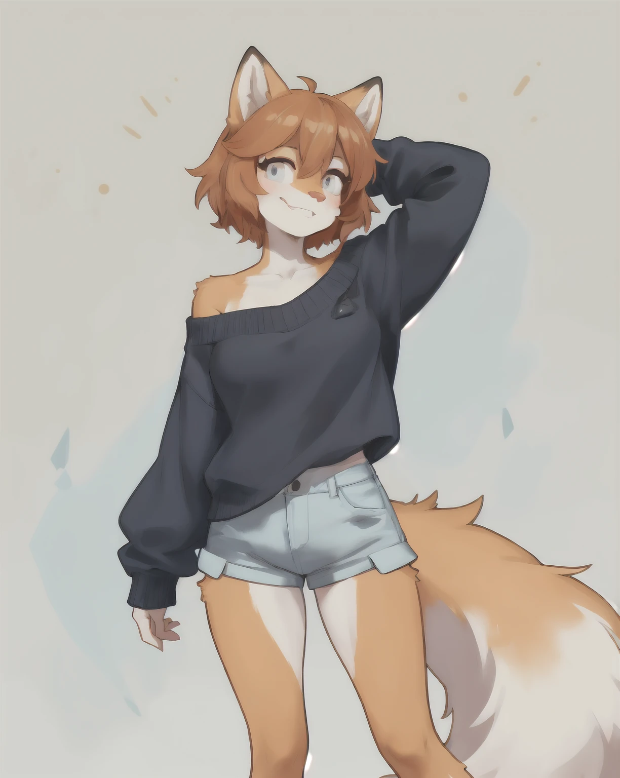 Solo, (((furry))), (((anthro))), domestic cat, feline, ((hair over eyes)), ((hair covering eyes)), dark hair, cleavage, tongue out, blep, alleyway, plants, sweater, striped sweater, turtleneck, facing viewer, panties, (((by buta99)))