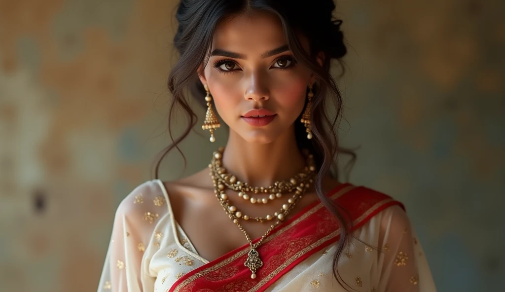 (photorealistic:1.37),indian women,sexy ,detailed eyes,detailed lips,long black hair,golden jewelry,flowing fabrics,navel,sexy top wear,vibrant colors,ornate headpiece,ornamental hilt,confident expression,graceful pose,beautiful backdrop,warrior princess
