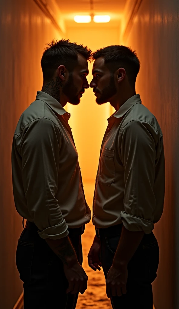 (highly detailed, soft light, photorealistic, dynamic light; cinematic) sepia, 1820s, silhouette of two gorgeous men standing close and kissing passionately, intimacy, half-naked, light and shadows, sexy, one with curly hair and the other with straight hair, one with a beard and the other without,
