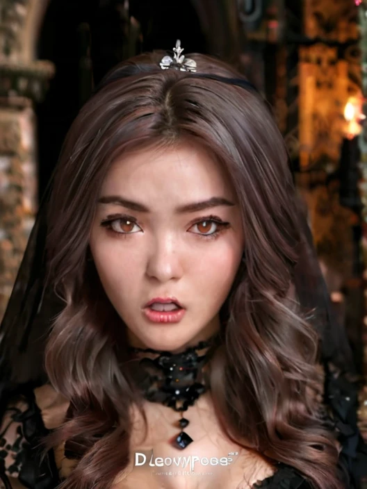 a beautiful evil woman, runaway, bride, long black hair, black eyes, black makeup with cherry red lipstick, white wedding dress with some red stains, knife, wreath veil, background a dark sinister chapel