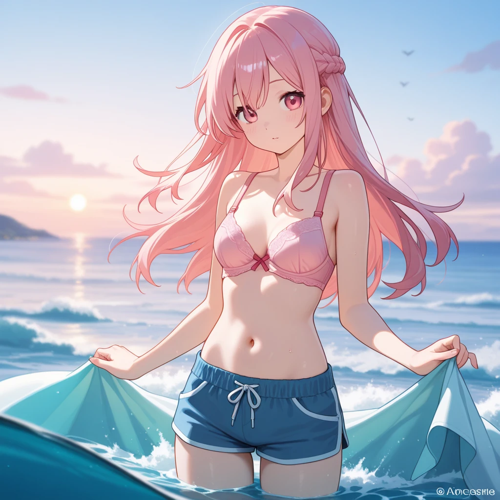 a girl、high teen female、a picture、realisticlying、top-quality、adopt、A detailed face、pink long hair、lightly smileing,Southern island、tropical white sand beach,full body Esbian、micro White Bikini、a detailed backgrounds、diffuse sunlight、depth of fields、Bokeh,dutch angle