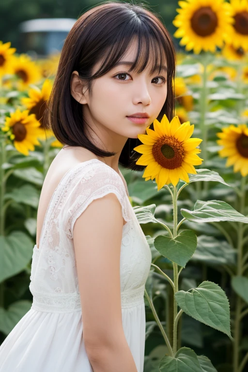 Image quality:best quality
Camera Focus: blur background
light:Side light
composition:Composition of thirds、Sideways orientation and eye view of the camera
person:20 years old woman,Japanese,actress
pose: looking at viewer
background: sunflower、Daytime hairstyle: Short Bob、With bangs
Dress:casual
facial expression: happy