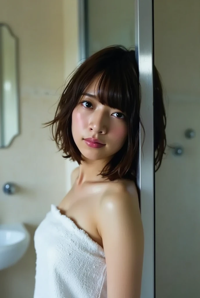 ​masterpiece, highest  quality, Hi-Res, 1girl in, japanes, A dark-haired,half up,(After bathing in the hot springs,team,Posing wrapped in a towel,Woman getting out of shower wet and naked:1.1),(Surprised:1.6),pov,Look at viewers,The upper part of the body