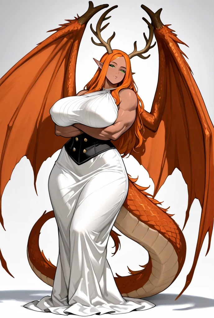 Cleopatra girl, red ponytail hair, huge breasts, extreme muscular body, extreme muscular arms, extreme muscular tights, gigantic erect green penis, scale skin, dragon horns, dragon wings, paws, 3 dragon tails.