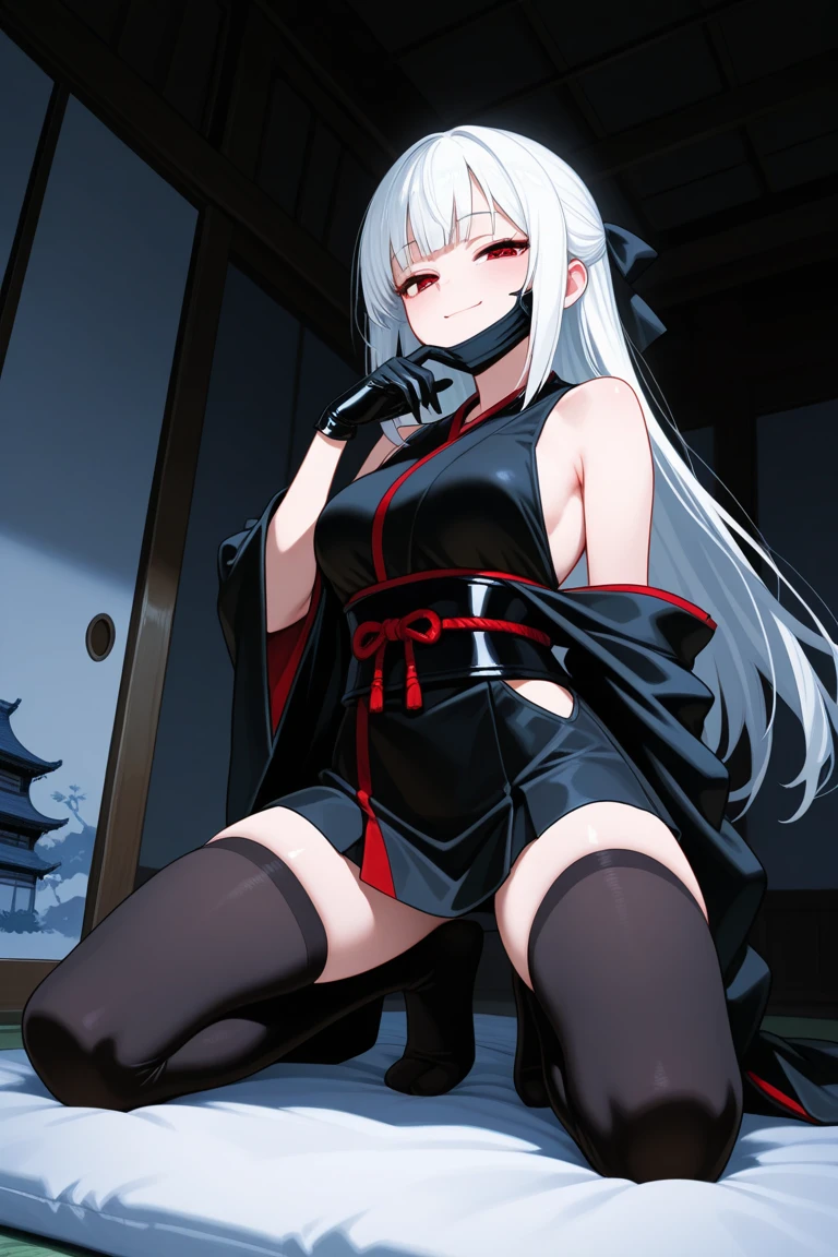masterpiece, best quality, 1girl, <lora:darkSakuraFateStay_v1:0.6>, dark sakura, long hair, black dress, red ribbon, large breasts, classroom