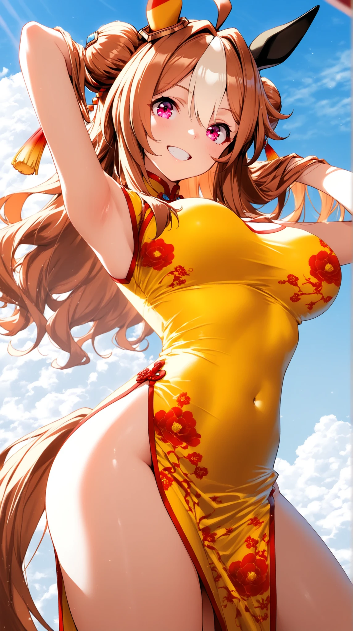 High resolution, high quality, 1 girl, anime girl, brown long hair, brown eyes,heart-shaped pupil, green glasses, tanned skin, big breasts,beautiful breasts, (big ass),beautiful butt,Sweat,(yellow pee:1.6),[[Pregnant]],Aqua Cardigan,green dirndl skirt,booty pose,lower body,in the flower field,confetti,