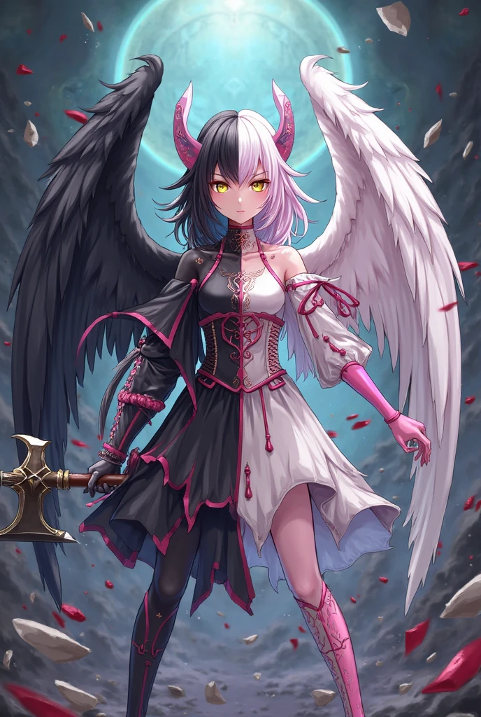 beautiful illustration, Mejor calidad, cute little demon girl, (transformation sequence), transform magical girl, chibi, white magical girl, fractal art, albino, cara de bebe, pelo largo de malla blanca y roja pura, hermosos ojos rojos detallados, cinematic lighting, tiro de vaquero, Mirando al espectador, desde la parte inferior, feliz