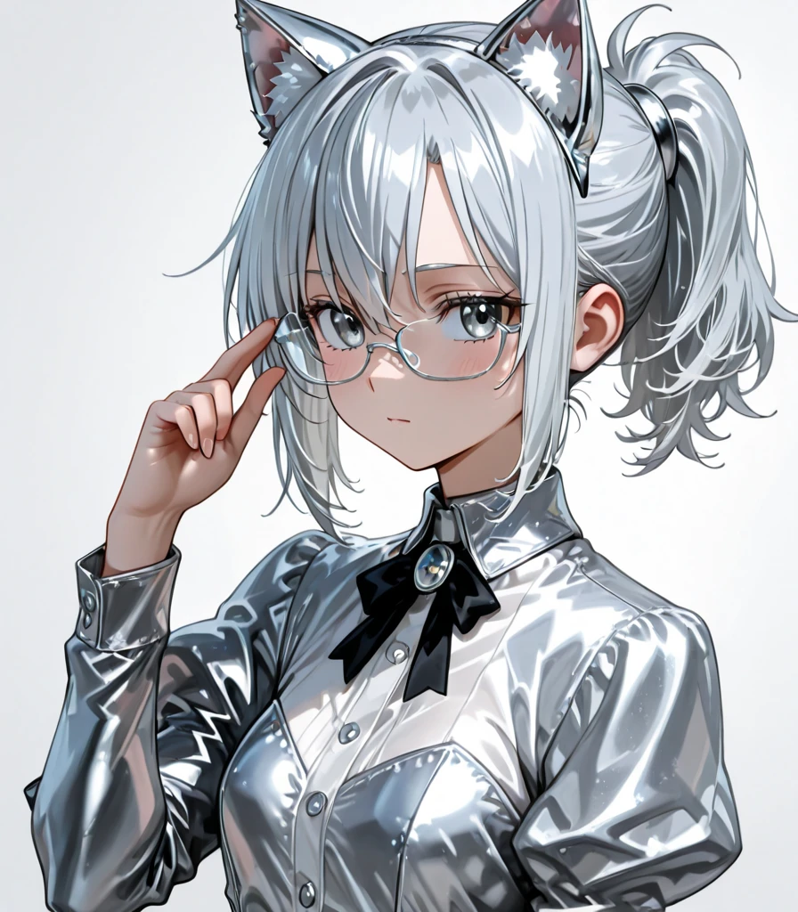 white hair, hair bobbles, rimless eyewear, mole under eye, cat ears, makeup, rococo style, cinematic lighting, character chart, pov, Eye-Level Shot, UHD --auto