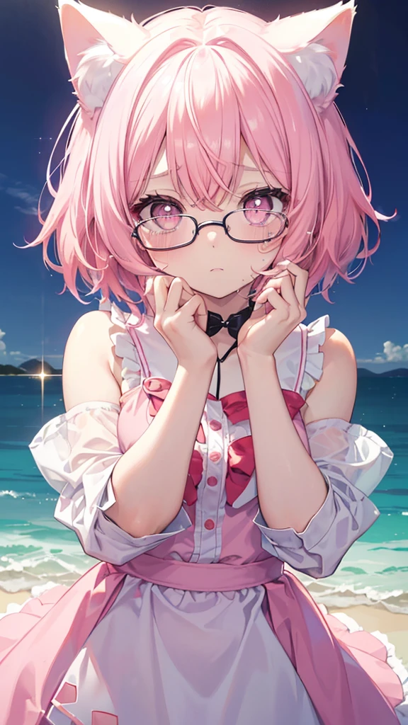 pink hair black glasses pink eyes extremely blushing she has very small breasts she wears a bikini she is a reserved girl who is in the sea