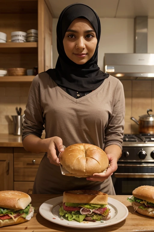 One beautiful matured malay women with pastel color hijab cooking breakfast wearing red cotton bra and leggings, beautiful matured face, mother, side lighting, light blue modern kitchen, malaysian, professional photography,