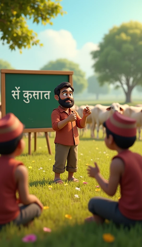 
"In a school assembly hall, children are gathered, some standing and others seated, listening to the headmaster announce a competition. Rahul is in the crowd, his eyes wide with excitement. The stage in the background has a banner with the words 'Sapne Aur Unka Mahatva' (Dreams and Their Importance) written in Hindi."