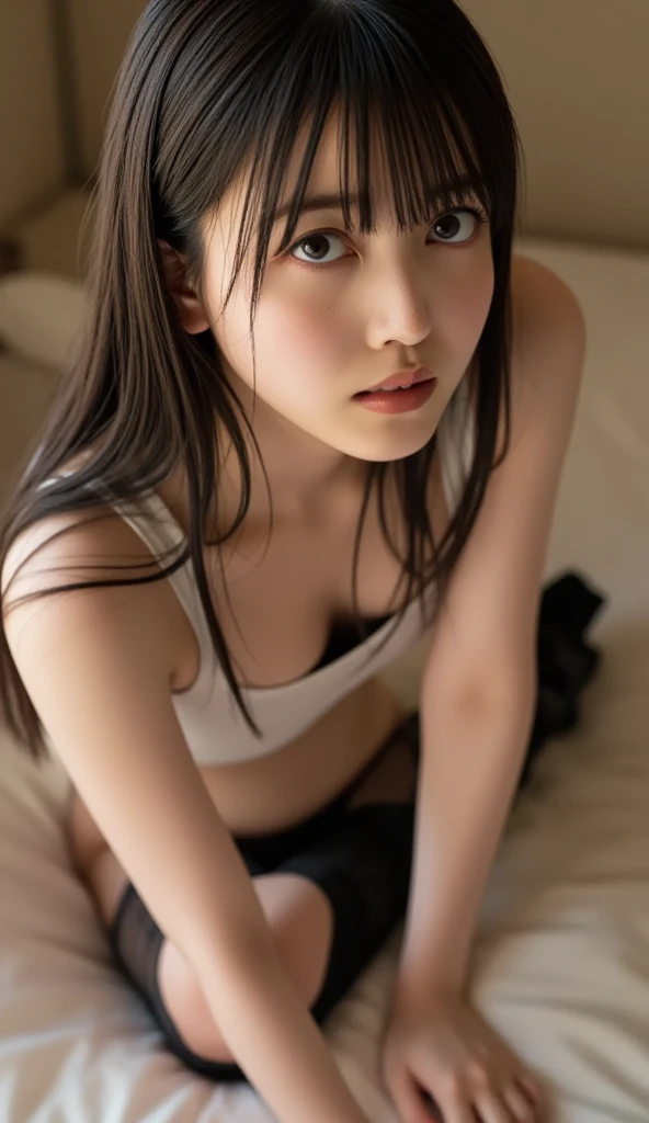 A 20 years old teenager, she has long straight brown hair, brown eyes, a hopeless face too, naked, She has a rounded nose, perfect lips, she is inside a room on a Star Wars ship, she is naked lying on the bed