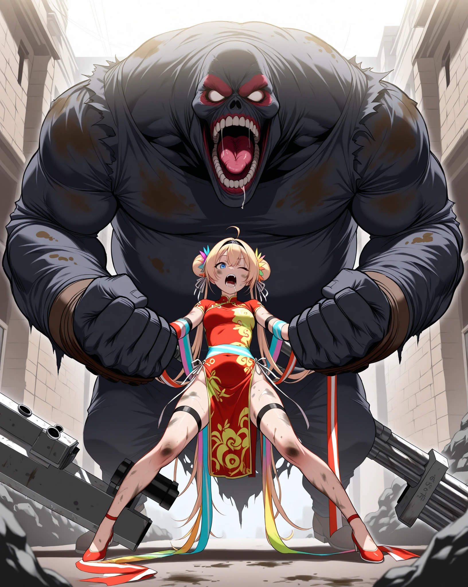 masterpiece, best quality,anime style, 1 girl,(((slender body))), (((small breast))),(((hot pants, blue tanktop,red tie))),(((((a gorilla man grabbing the girl))))), ((((restrained, arms behind back)))),((((cum)))), (beautiful face), (((short hair))), (((straight hair))), ((((silver hair)))),detailed beautiful skin, (perfect hands, perfect anatomy)
