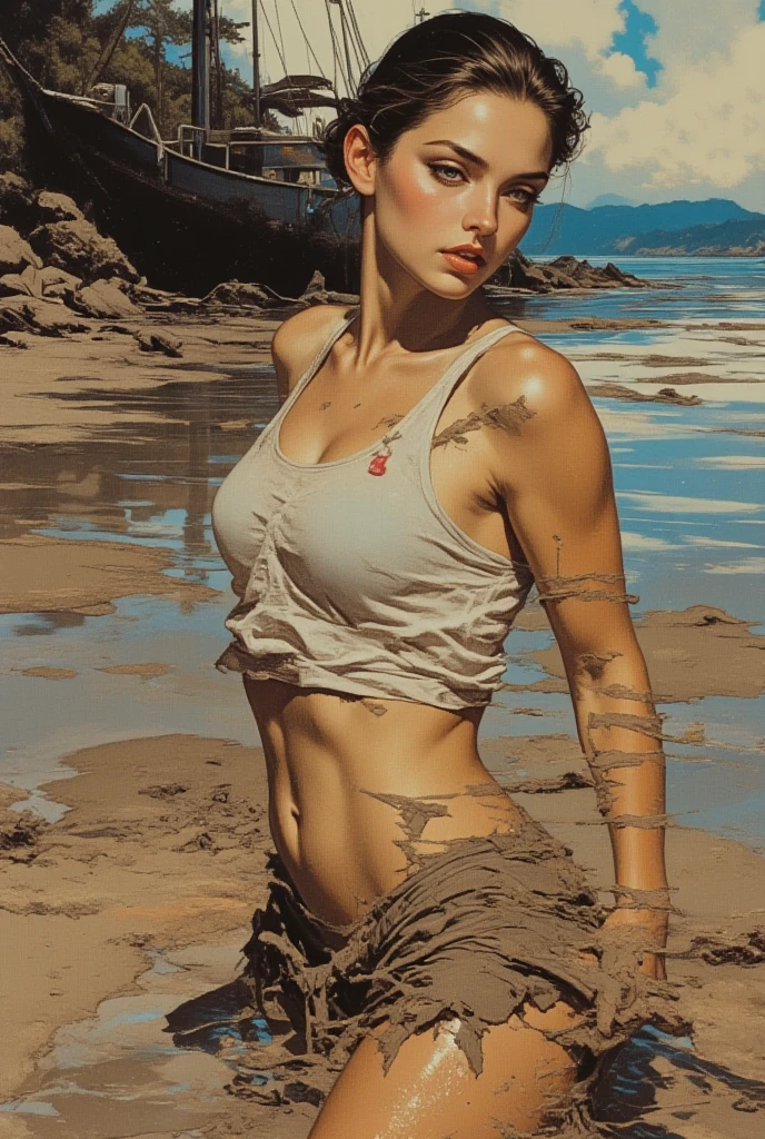 Full body, HD, 8k, hyper realistic, from above, extraordinary beauty, fine eyes and lips beautiful woman, an attractive blonde milf, on her knees, feet tucked underneath buttocks, sitting on shins, virasana, bare footed, black low cut sundress lots of cleavage exposed, gigantic breasts, busty, wet, in sand at beach, butt cheeks fat, spread open cheeks, heavy booty checks, round protruding buttocks cheeks, bubble butt, slim waist, genitalia, one breast hanging out