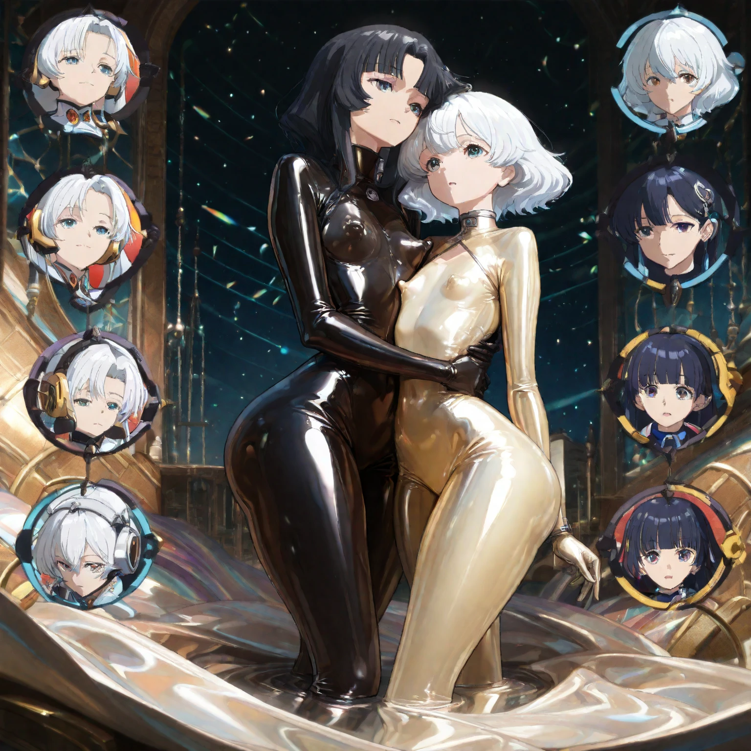 a woman in a wetsuit, posing for a photograph, perfect android girl, shiny latex, futuristic glossy latex suit, wear latex, Latex dress, wear a black latex suit, cute girl in a vest, latex outfits, cute cyborg girl, Photorealistic ideal body, shiny black dress, beautiful white cyborg girl, tight outfit, wrap glossy leather, lesbian, girl kisses girl,young girl, two girls, lesbian, girl kisses girl, girls sex goo queen, Short silver hair, Blue eyes, body in black tight latex, body covered with black mucus, orgasm, masturbation, lies in black goo , drowning in black goo , a lot of black goo , girls swallow black goo , masturbates with mucus