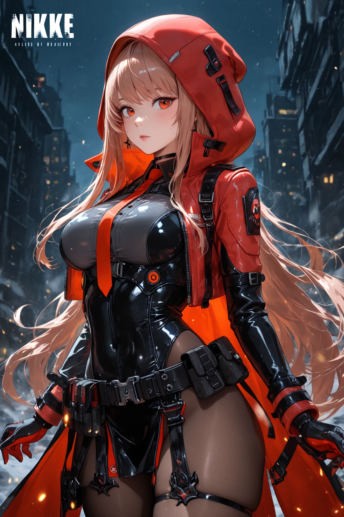 top-quality、Top image quality、masterpiece、girl with((18year old、Red, Black and blue glowing cybersuit、falda corta、white parka、Best Bust、Bust 90、Blonde Away Tail、Red Eyes、open chest wide、Valley、Happiness、A slender、ssmile、Red Face Paint、Black scarf、Reflecting the whole body、Slouch action))hiquality、Beautiful Art、Background with((nightcity、cyberpunked、nightclubs))、masutepiece、Elaborate design、visualart、