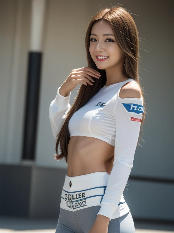 8K, Ultra-high resolution, Highest quality, masterpiece, 三分割法によるphotograph,Surreal, photograph, 1 Girl, (16 years old:1.3), pretty girl, Cute face, Beautiful eyes in every detail, 細かくdetailedに,masterpiece,, One Girl:1.2, Japan Female Announcer, blue sky, Confetti, Racing Car, flag, Small face, Very delicate facial expressions, Delicate eye depiction, Very fine hair, Upper body close-up, erotic, The only sexy Japanese woman, Healthy body shape, 16 years oldの女性, Race Queen, Sexy long legs, Glowing Skin, Soft Skin, 派手なRace Queenのコスチューム, Bra Top,Red tight skirt, White Leather Long Boots, Auto Racing Track,Beautiful leg line beauty,Captivating thighs,Full of sex appeal,Sensual,A carefree smile,Heal the heart,Short ponytail、beauty,Long neck、Laugh a little、Please close your mouth and laugh、(((Ideal body type))),A cup small breasts :2,、Portraiture:2、Perfect Anatomy、鮮明なdetailed、detailed、Surreal、Light and shadow,Strong light