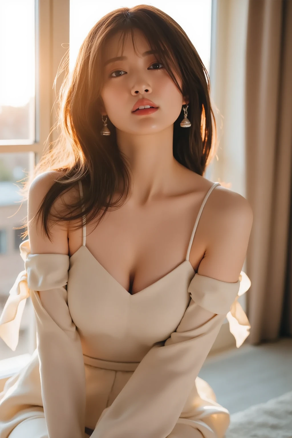 beautiful young woman, 1girl, detailed face, beautiful detailed eyes, beautiful detailed lips, extremely detailed eyes and face, long eyelashes, attractive facial features, flawless skin, light brown hair, tight waist, stylish red knit dress off the shoulder, Yor Forger, cinematic lighting, dramatic lighting, epic, intricate, lifelike, realistic skin texture, ultra-detailed, hair tied back, strands of hair framing face, stylish three-dimensional inverted triangle earrings, red hairband, tube top, bangs covering forehead, Stylish dress, 20 years old, (best quality,4k,8k,highres,masterpiece:1.2),ultra-detailed,(realistic,photorealistic,photo-realistic:1.37), portrait