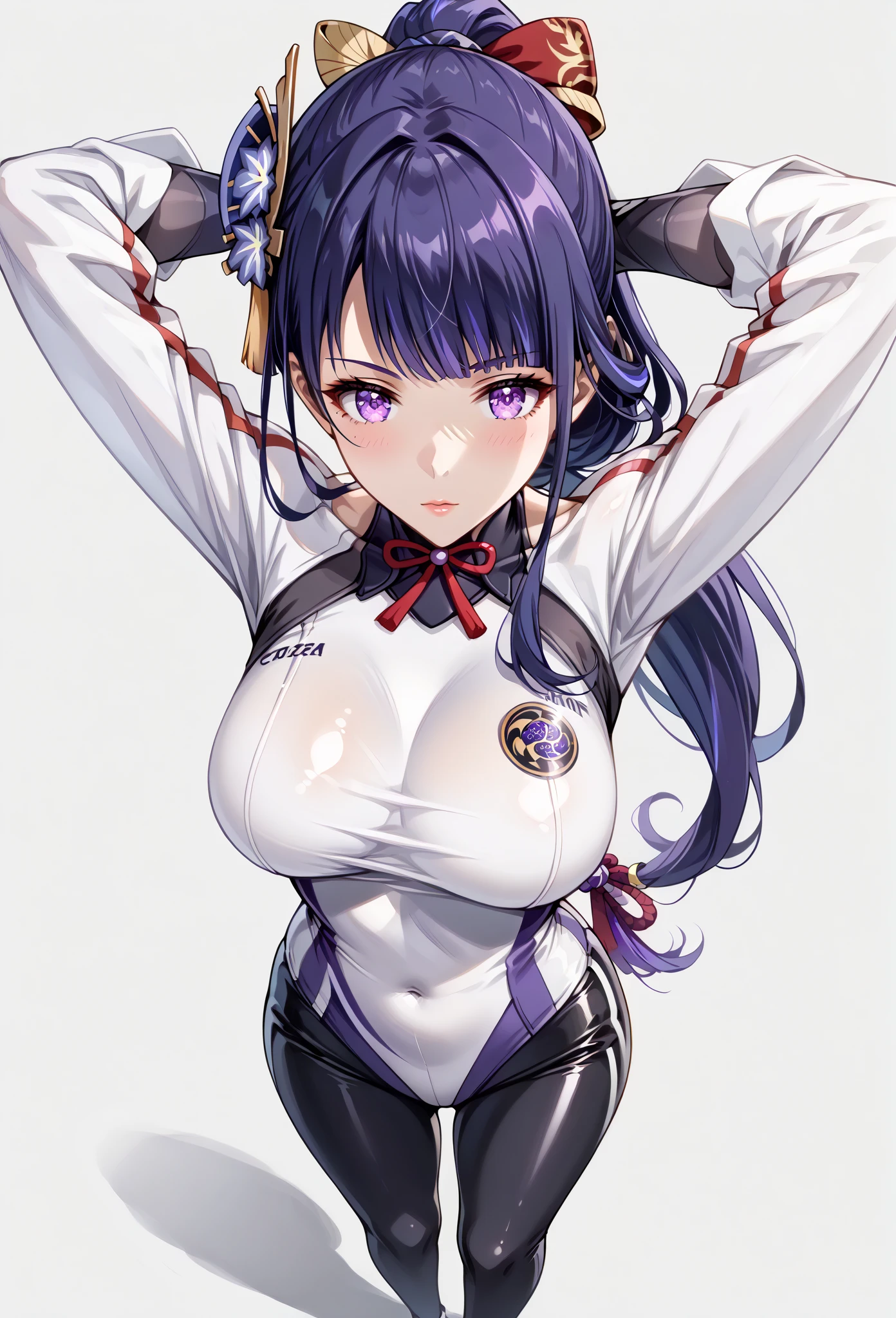 masterpiece, best quality, finely detailed, mainatsumemsbow, ribbon, sidelocks, bare shoulders, halterneck, backless outfit, sideboob, pants, lowleg pants, purple eyes, 1girl, solo, smile, large breasts, cowboy shot, parted lips, sweat, shiny skin, in the parking lot, depth of field, day, sunlight