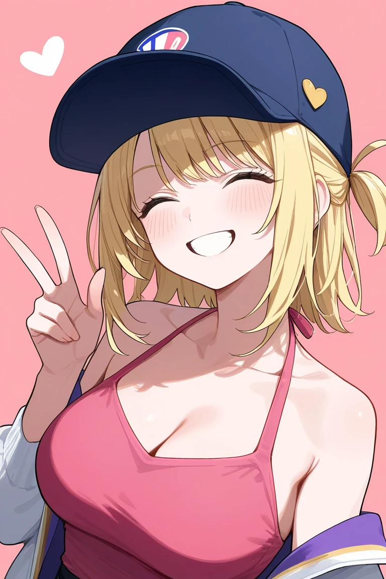 Blonde hair, Purple eyes,Straight long hair, Looking at Viewer, Standing, Upper body, White jacket, Open jacket, Black shirt, Strapless, Navel, Midriff, Short shorts, Smile, masutepiece, Best Quality,