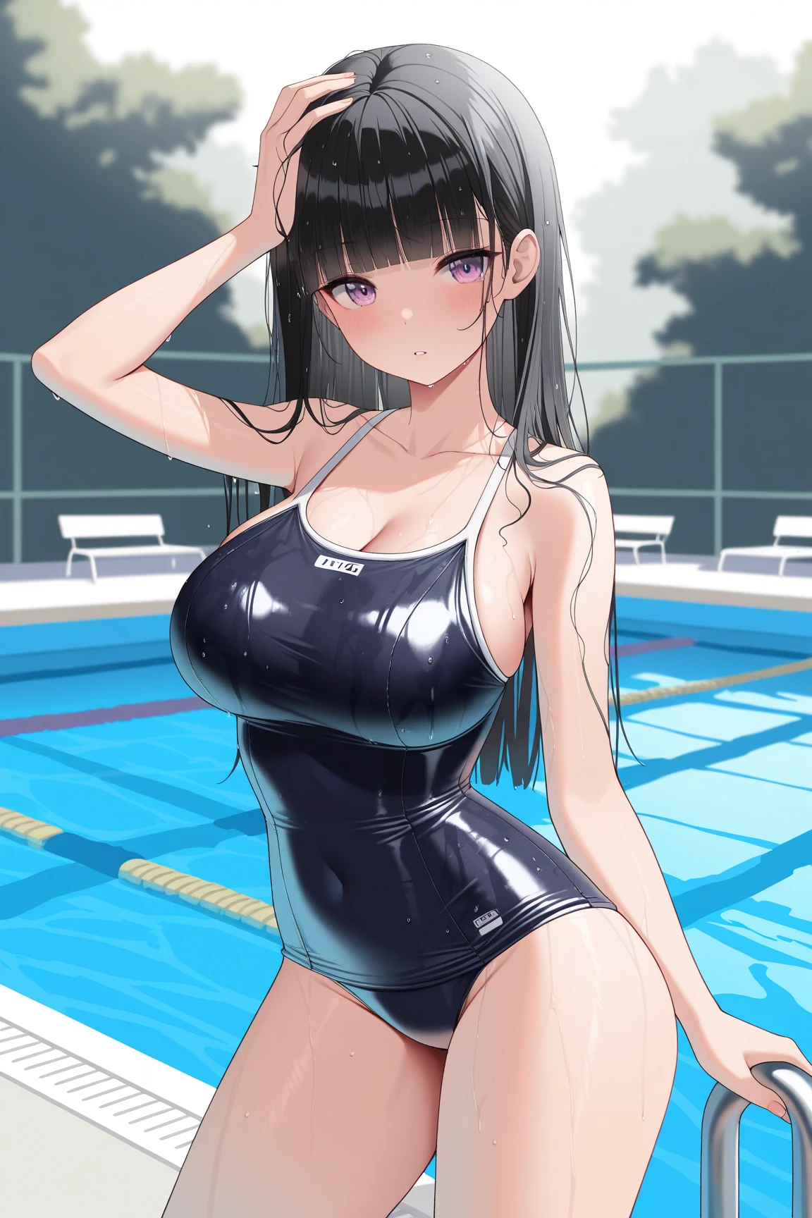 (masterpiece, 最high quality, 超High resolution, Very detailed), (Realistic:1.1, photoRealistic:1.4), Perfect illustration, Perfect lighting,Perfectly detailed hair, Perfect and exquisite face, Perfect collarbone, Perfect body,Juicy breasts, Perfect Thighs, Beautiful legs, View your audience, 1 person,Perfect Face, (Perfect Anatomy, Anatomically correct), Symmetrical face、((Shiny Hair)),Sexy Body、(masterpiece),(最high quality：1.3),8k,Very clear,(Ultra-realistic),Captivating woman,(high quality, High resolution, The finer details), Realisticなスタイルの女性,Juicy breasts、Perfect Woman、Perfect Face、Symmetrical face、、((Big breasts))、blush、((Juicy lips))、Cowboy Shot、(((Straight black hair)))、((Large, double-set black eyes、Long eyelashes))、(Red Makeup)、(((Swimsuit)))、(((張り付いたSwimsuit)))、((Wet Hair))、((濡れたSwimsuit))、(Healthy and well-developed body)、((Big tits jk))、(Outdoor、Clear skies、Poolside)