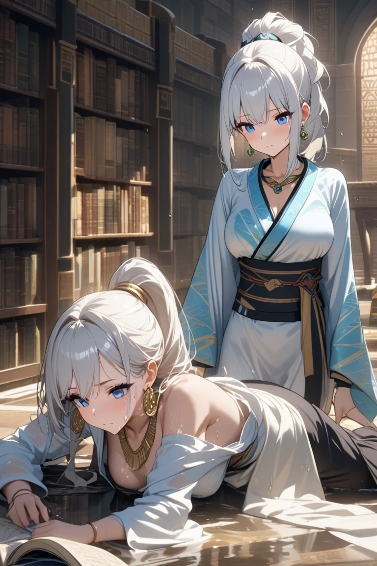 tmasterpiece , Best quality,Nahida(genshin impact), 1 sister , white shirt:1.5 ,side ponytails ,White hair ,colorfulhair, Green-eyed,Sling pajamas , has cleavage , onbed , Green hair,The lights are dim,a point light source