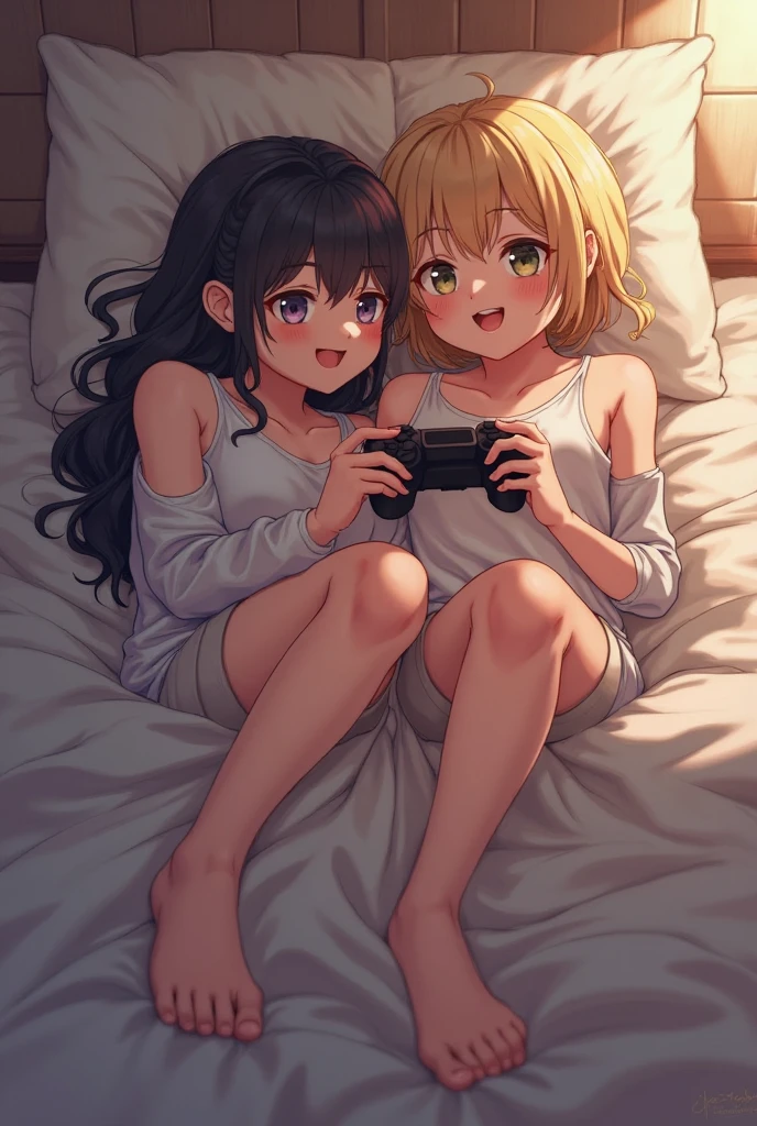 highest quality、Elementary school student bra、Beige shorts、Cool look、Stretching your legs in your room、Armpit sweat、Grass、Ecstasy Face,(Glamorous figure)， (girl１name)， (Highly detailed face, smile) ,, (日本のgirl), Slightly round face, (Tan brown face:1.6), cute, Big eyes、2D，highest quality，(masterpiece)，(((The whole body is reflected)))，(((Full Body)))，extra short hair，((light bronze hair))，healthy dark skin，((Denim hot pants))，「cheap」A pink tank top with the words，Shiny bare legs，barefoot，beautiful brown eyes，Attractive thigheaty ass，Sloppy body shape，Bedroom，Get drunk，Upward glance，cheeks are bright red，あざでcute，Sexy as hell，Erotic look，Large drops of sweat all over the body，Steamy，sleep with your legs stretched out、My Room、（Lie flat on the bed.），Side view angle，An angle that emphasizes the buttocks