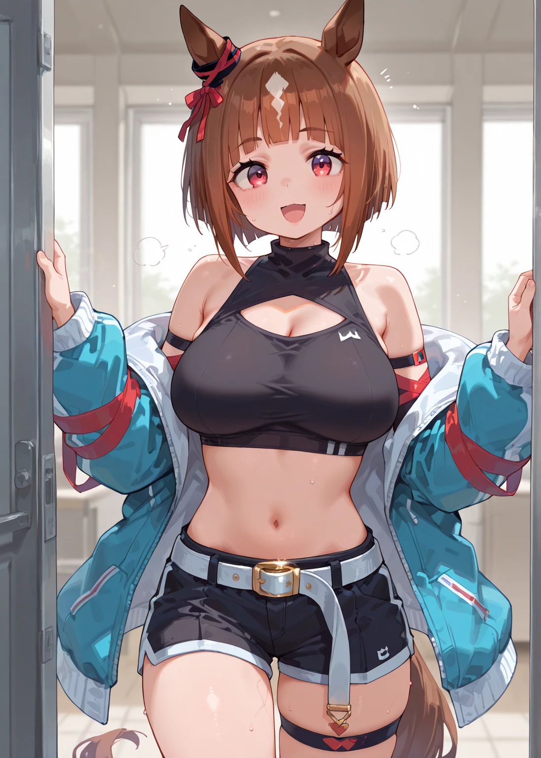 Full body image, front, One girl, 18-year-old, Mix 4, (32K, RAW Photos, Highest quality, masterpiece:1.2), (Anime-like, photoAnime-like:1.37), cute, カジュアルウエア, Short sleeve T-shirt,Shorts,Black knee socks, night, rain, Humidity, Professional Lighting, Photon Mapping, Radio City, Physically Based Rendering, Super Resolution, (Big Breasts:1.2), {{The biological weapon that had preyed on the younger sister took her place and reunited with the older brother, The rebellious little sister has become the obedient little sister}}, Girl Skull, whole body, NSFW
