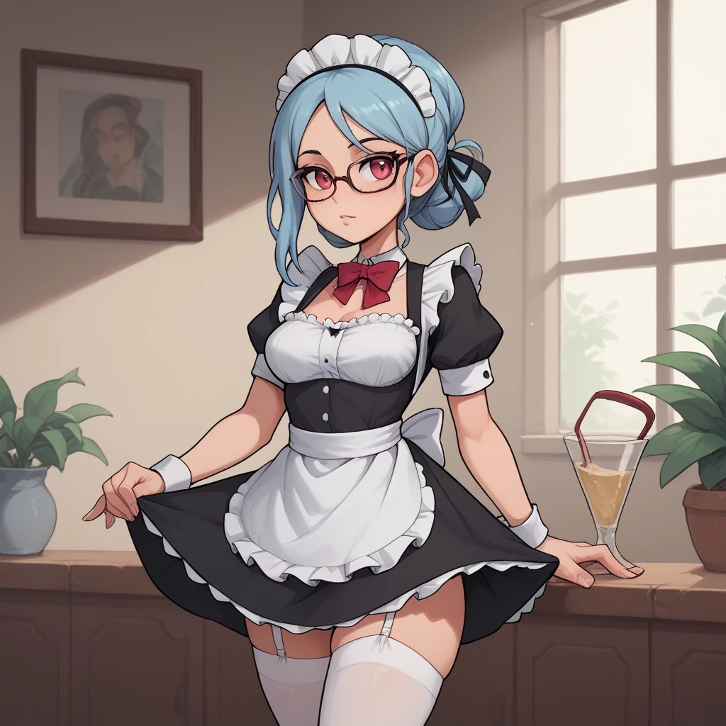 (1girl: 1.5), ((solo)), (dark skinned:1.8), goblin girl, azure_blue_hair, very long hair, wide body, (small stature:1.6), (huge breast:1.6), hair between eyes, wide hips, blue eyes, mole, mole on chest, age up, lips, big lips, big noise, thick eyebrows, (chubby:1.7), smile, freckles,(maid clothes: 1.8), (random poses: 1.7), black clothes, housemaid, cleaning