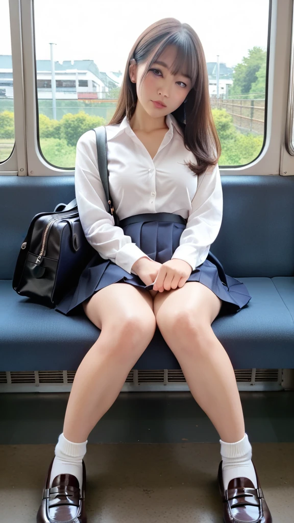 ((Roll up your skirt)), Pleated skirt, blush, Round face, (Droopy eyes), blush, ((((Embarrassed face)))) ((Spread your legs))In the bus、On the way to school、Bus seatに座って、beautiful girl、(真面目そうなbeautiful girl)Light brown hair、((Pussy))、((Short Hair))、((Shyly showing her pussy))、Embarrassing to be seen by people、((No panties))、((Please expose your lower body))Bus seat、Full seats、Inside the bus