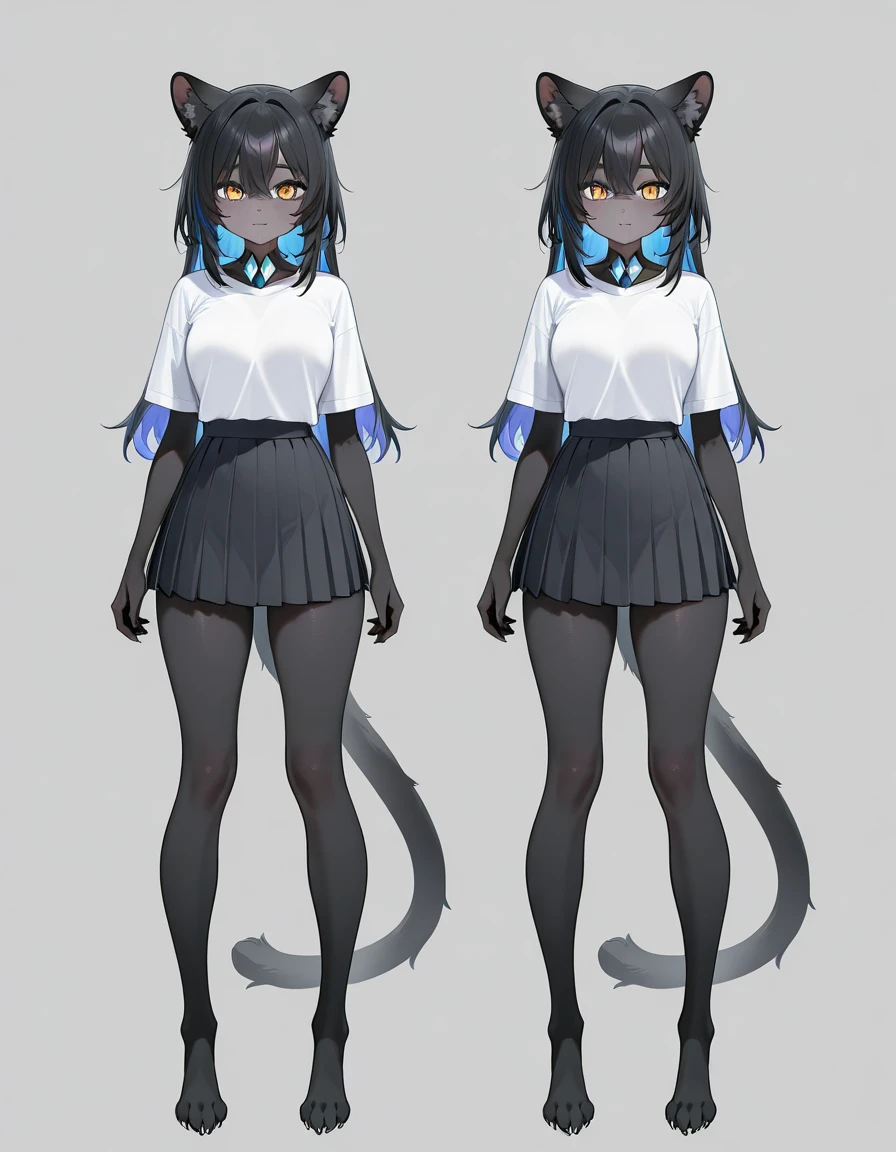 ((Blue-haired woman with fox ears, brown almond eyes, reddish lips)), high-heeled shoes, intermediate body view: ((same character, front, side, back)), (anime style), (((webtoon anime style drawing)), ((((multiple poses of the same pessonagem)))