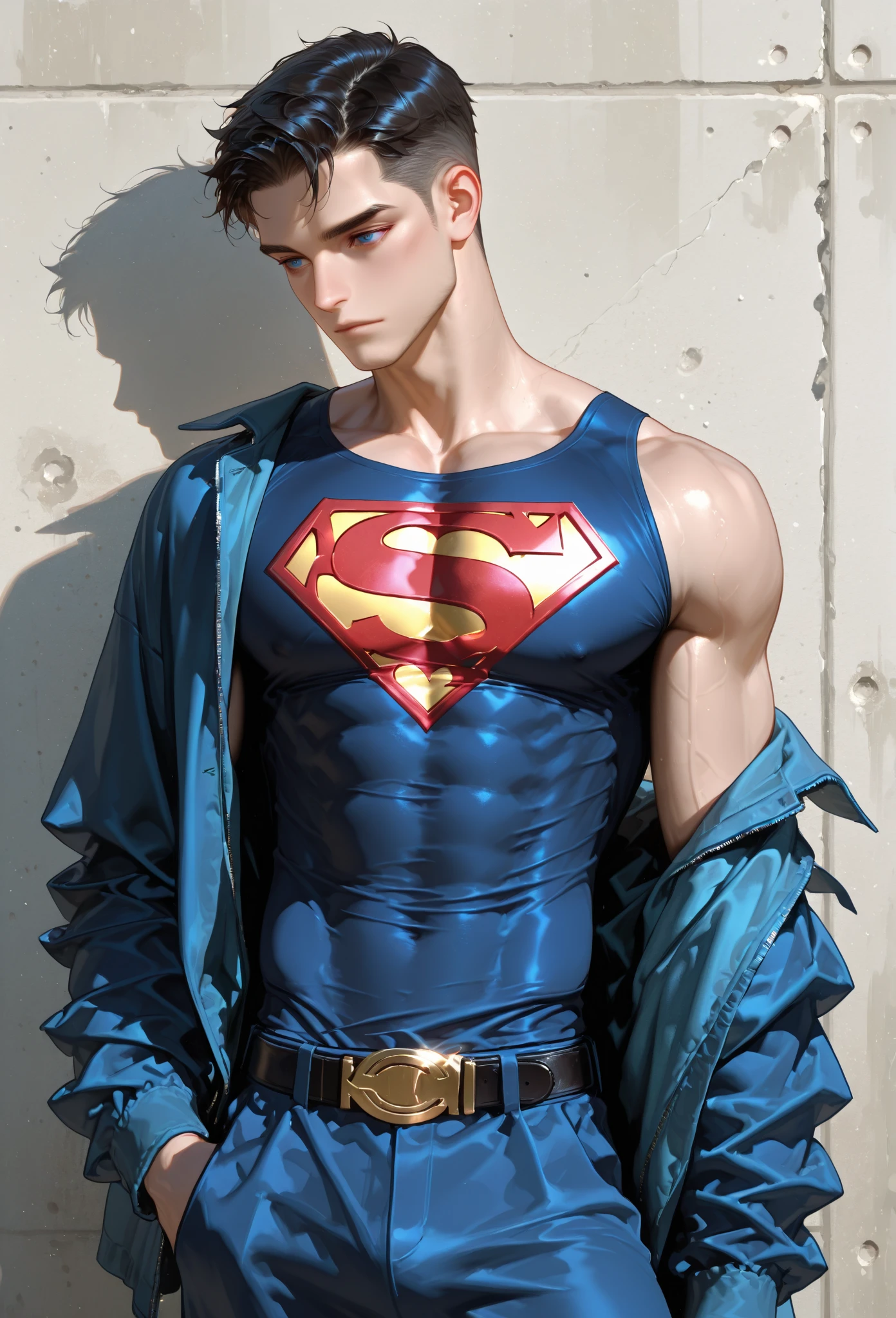Full body photorealistic 4k, high resolution, best quality, masterpiece, perfect color, perfect shade, perfect lighting, Posted by e621, ((portrait)), ((handsome man young Superman)), perfect male figure, Short hair details，chest muscles，abdominal muscles，wearing white and silver tight fit latex spandex and gloves，Detailed face, perfect face, (stood up), Detailed background, ((Bonifasco Lighting)), (delicate eyes),),white hair