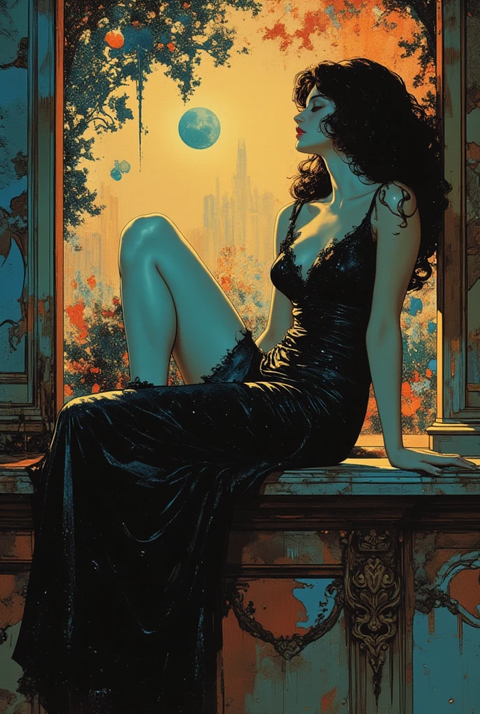 very sexy girl, long black hair, glasses, panties and bra, pronounced nipples, small breasts, lascivious look, beer, large window with views of the night, stars, moon,(art inspired in Bill Sienkiewicz). oil painting)