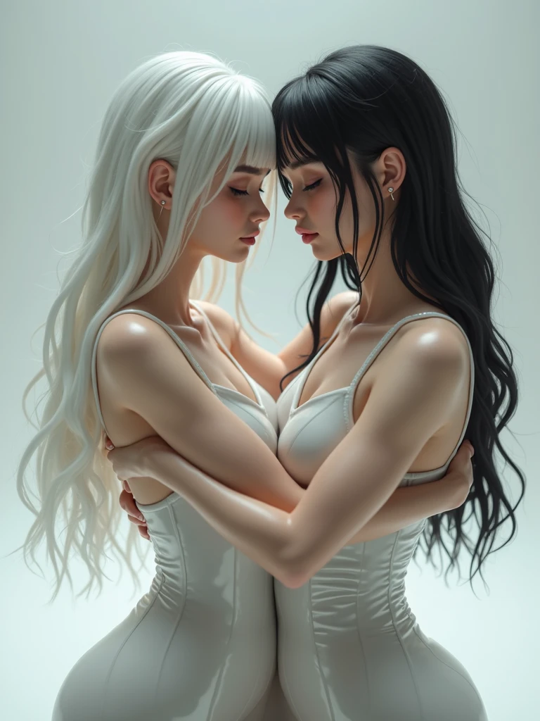 Two Girls、Beautiful breasts、Two people side by side、Symmetrical Configuration，White Tone，White，Sexy Girls ，，，White Hair，Gray Hair、your、