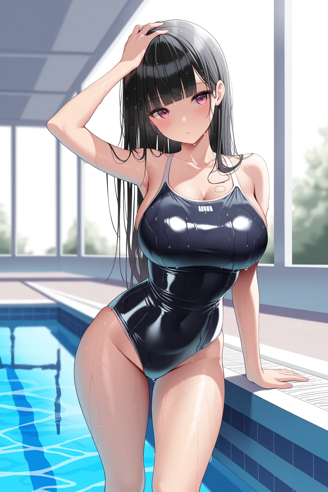 (((masterpiece))),(((High resolution)))、(((8K)))、(((perfect face)))、(((beauty of japan)))、15 years old、(((beautiful face))), ((swimsuit)), (((black competitive swimsuit))), Plump, embarrassed look, look at the camera, (thighs)、((top quality eyes)), ((detailed texture)), ((high resolution face)), (at the pool)
