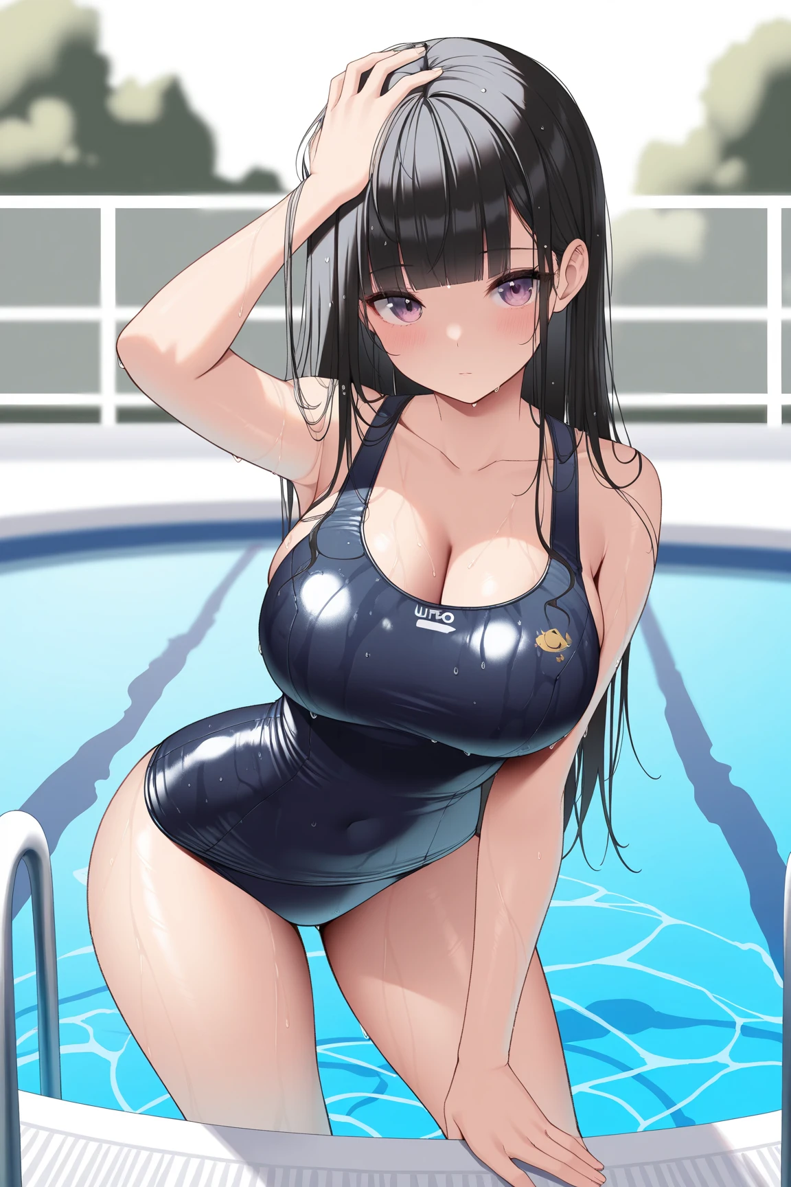 (Perfect hands, Perfect Anatomy:1.4), Satin Ruiko, alone,(Navy school swimsuit:1.5),(A neat figure,thin:1.4),(Hairstyle is a princess cut:1.5),(Black Hair:1.4), blue eyes, (Black Hairの:1.4),(Black Hairの:1.4),Long Hair,(Straight long hair:1.4), hair ornaments, (1 white flower decoration:1.4),(tsurime:1.4),(Sitting),(Broke up_lips:1.4),(Hime cut:1.4),(Large Breasts:1.4),(Put your hands behind your head:1.2), (Wicked Smile:1.4),20-year-old,(Wet:1.2),Sit on, (View your viewers:1.3),(View from below:1.3), (Pool,Poolサイドで:1.4),(Dazzling sunlight,summer:1.4)、 break (Hime cut:1.4),(masterpiece:1.5),(Extremely accurate details,Ultra-high resolution:1.4),Highly detailed CG Unity 8k wallpaper,(Realistic,Photorealistic,超Realisticな:1.5),(curve,model,Glamour:1.5),Beautiful breasts,color_aberration,Beautiful detailed shadows,Beautiful Eyes,Beautiful body,Beautiful Skin,Beautiful Hands,(Aesthetic Anime Eyes:1.4),(figure:0.8), (Beautiful attention to detail:1.4), Highly detailed face, Perfect lighting, Highly detailed CG, (Perfect hands, Perfect Anatomy:1.4),
