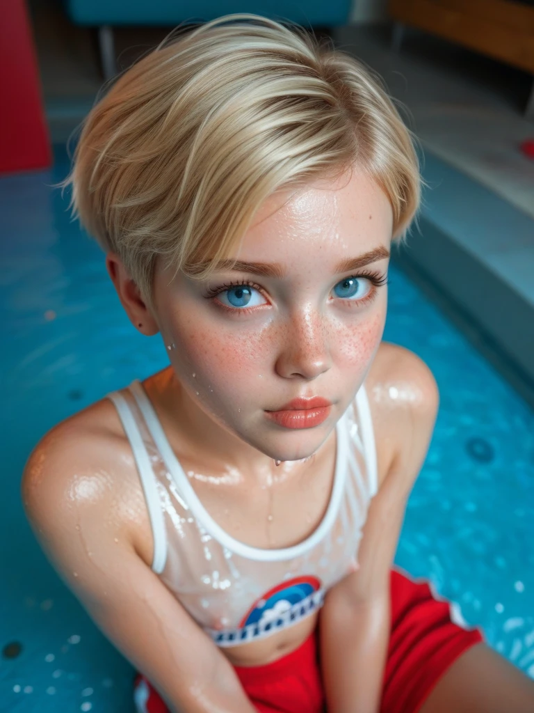 masterpiece, realistic, 8 K, (1 cute 18 year old girl:1.5), Russian, white sports jersey, (blonde hair:1.1) , shortcut, (pixie haircut:1.2), Blue eyes, musculature, looking into the distance, smile、Turning