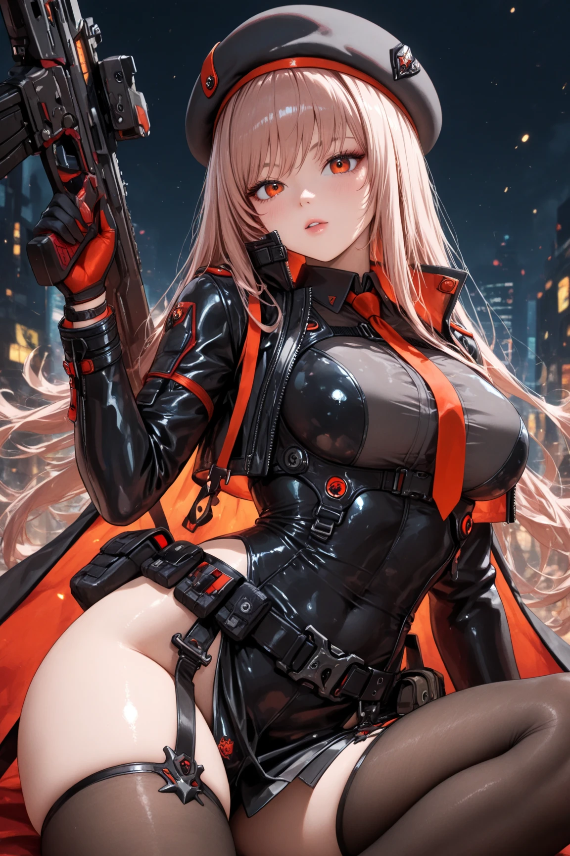 (masterpiece, Highest quality, High resolution:1.4, Anatomically correct、8k)、cyber punk、Supergirl、Blonde、Sexy、Blue tight latex bondage costume、S marking on chest、Long red cape、Red latex micro mini skirt、whole body、Overlooking the city at night、Browsing Caution、BDSM,Protruding nipples、The belly is visible、Cleavage、Black latex panties、nsfw
