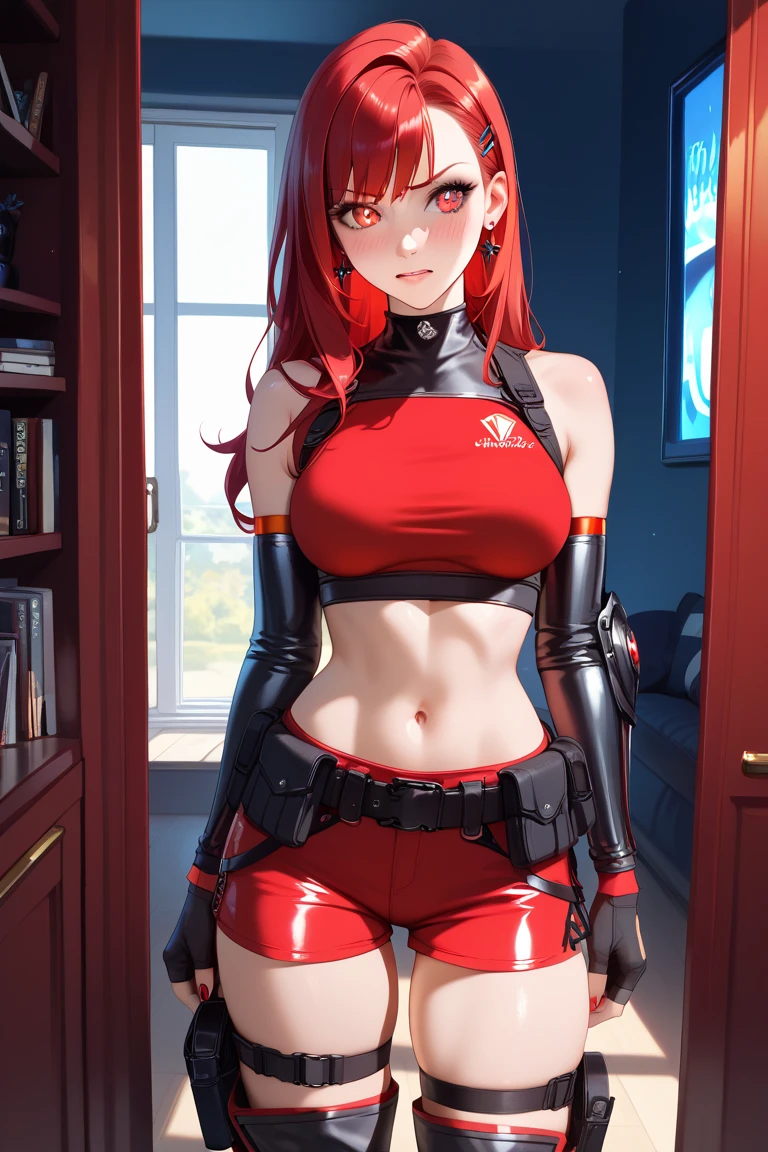 Full body shot, Female asian Irina Shidrou red hair twintails green eyes, in a cyberpunk city, wearing a bomber jacket and crop top and denim shorts and diamond earrings and golden choker, open mouth, holding a laser rifle, shooting a laser rifle, frontal shot, side profile shot, rear shot, back shot, behind shot, full body shot, masterpiece, highly detailed, clear detailed legs, two legs, two legs in focus, high definition, high resolution,