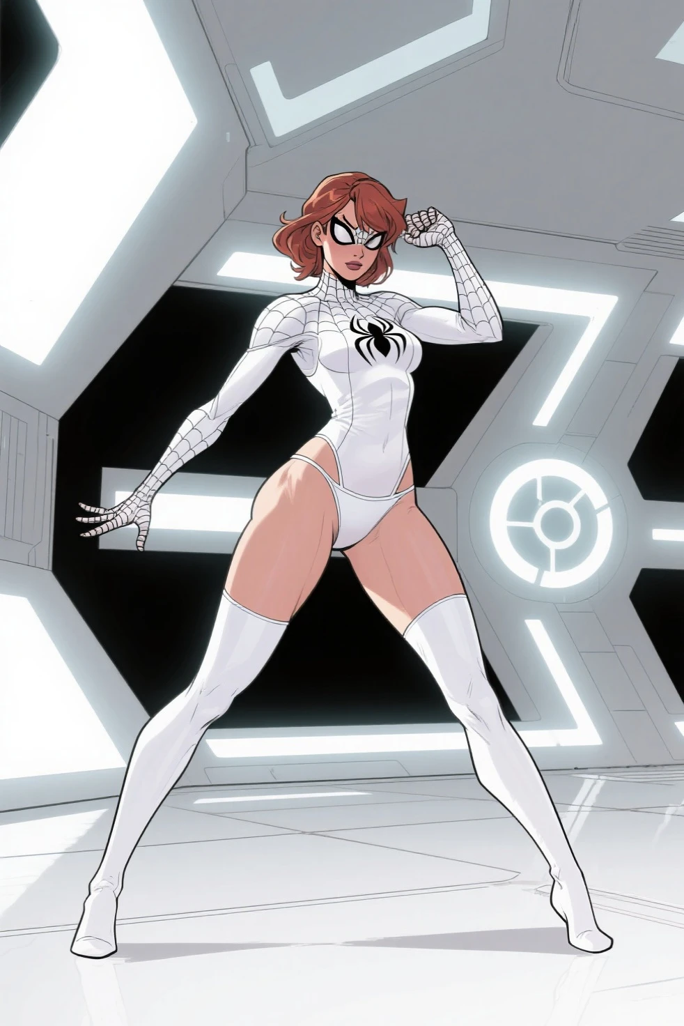 monochromatic drawing, photorealistic, hyperrealism, adult manga panel, impact frame, monochrome, by leyendecker, scene, cowboy shot, solo, dark skin, light hair, jazz age streamline, big gigantic hips, hyper thighs, narrow waist, hyper legs, gigantic breasts, small waist, long legs, thin waist, big calves, wasp waist, thick calves, thin sillhouette, thick lips, ab etching, skinny silhouette, emotional, good hands, intricate, high detail, reflective leg sleeves, clean stylish look, detailed face, detailed background