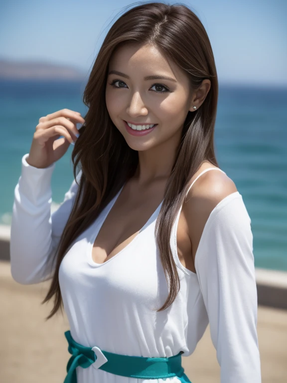 highest quality, figure, Ultra-detailed, finely, High resolution, 8K Wallpaper, 完璧なダイナミックな構figure, ((Sexy pose)), Beautiful Skin, (Big Eyes), 20 year old beauty, Natural color lip, Mid chest, smile, Highly detailed face and skin texture, Detailed eyes, Double eyelid,leaking teeth and laughing, close-up, Beige medium hair, (Grey blouse:1.2), Seaside