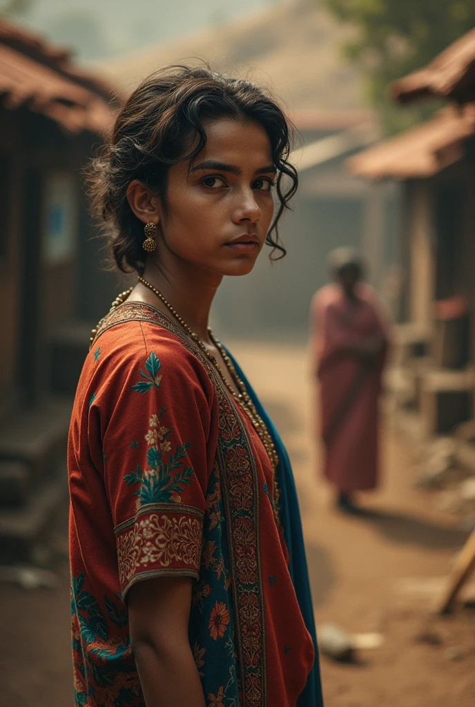 portrait of a stunning Indian village woman as a maid wearing night dress. This cinematic photoshoot, meticulously crafted, Shot on a 25mm lens, depth of field and tilt blur create a compelling narrative. With settings like 1/1000 shutter speed, F/22 aperture, and calibrated white balance, the breathtaking 32k resolution reveals remarkable details. Super-resolution preserves nuances, while Pro Photo RGB enriches colors. Lighting techniques, accentuate elegance. Volumetric, Conte-Jour, and global illumination add depth. Scattering, reflections, and artistic elements enhance realism.