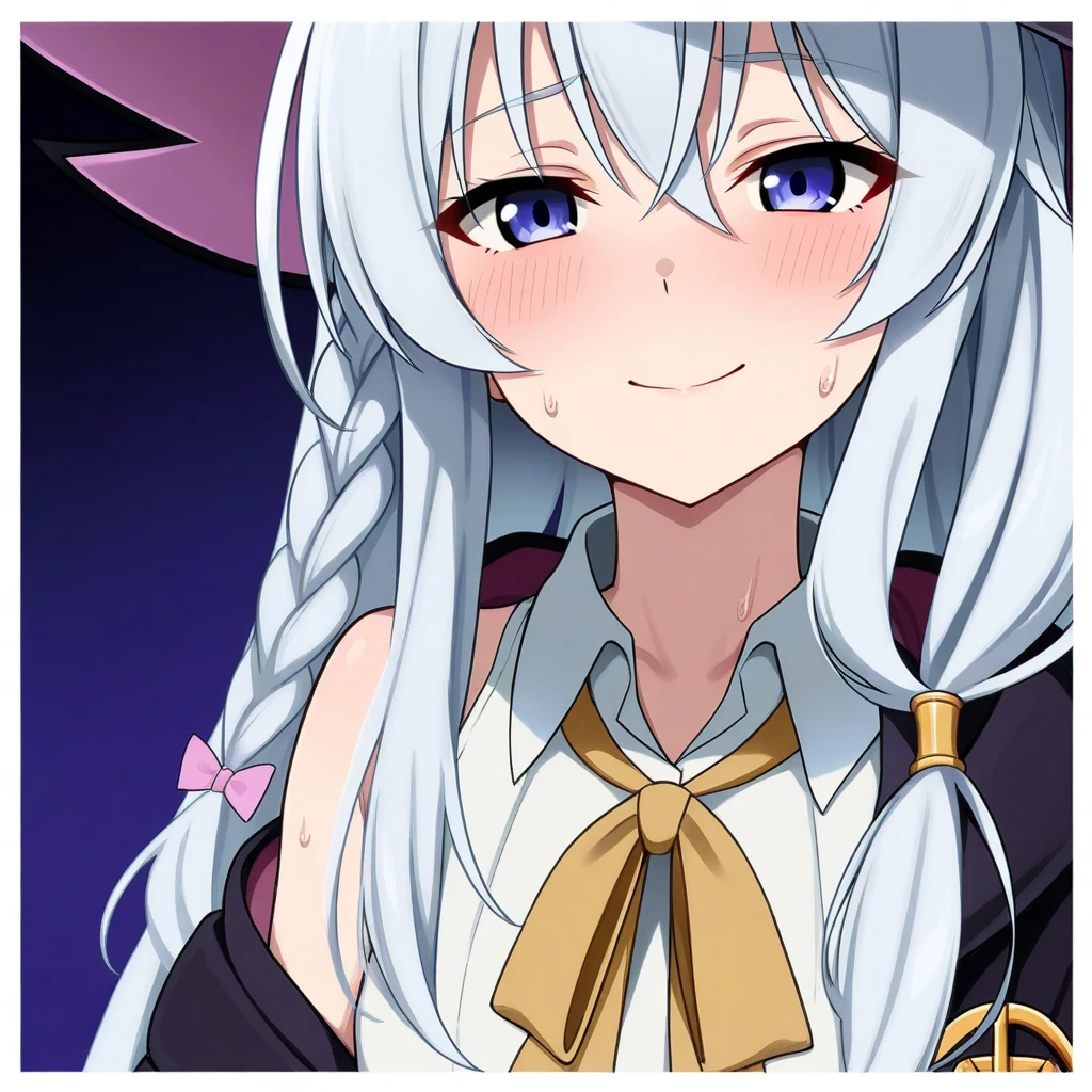 (Distinct pupils)(Clear eyes),cleavage,(cat ears),school uniform,1girl,solo,looking at viewer,flower,long hair,bangs,closed mouth,simple background,white background,upper body,white hair,hair intakes,
purple eyes,expressionless,eyelashes,best quality,smile,(Glowing eyes:1.4),jewel-like eyes,