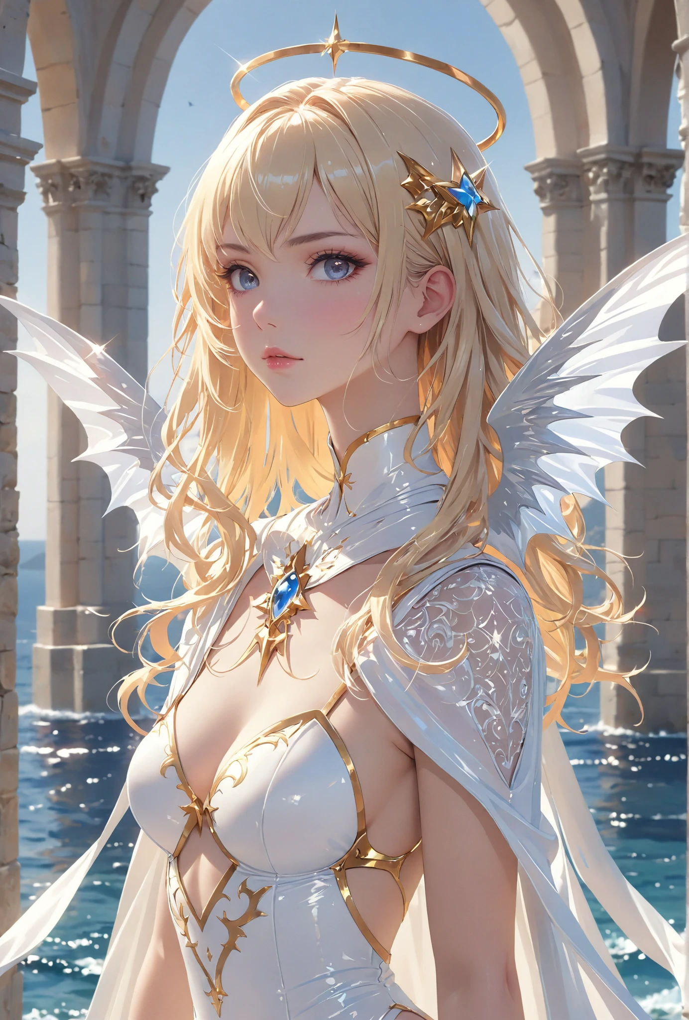 ,((highest quality))),8k,((masterpiece)),(Very sophisticated and beautiful), A completely naked girl emerges from the sea, The Swan Princess of Russian Mythology, Beautiful calm face, blue eyes, Long blonde hair braided, Moon braid at the back of the head, With a kokoshnik crown on his head, Loving eyes, Half-laugh, There was a gentle look on his face, Background seascape and sunlight, Seagulls in the sky, full length, realism,Completely naked