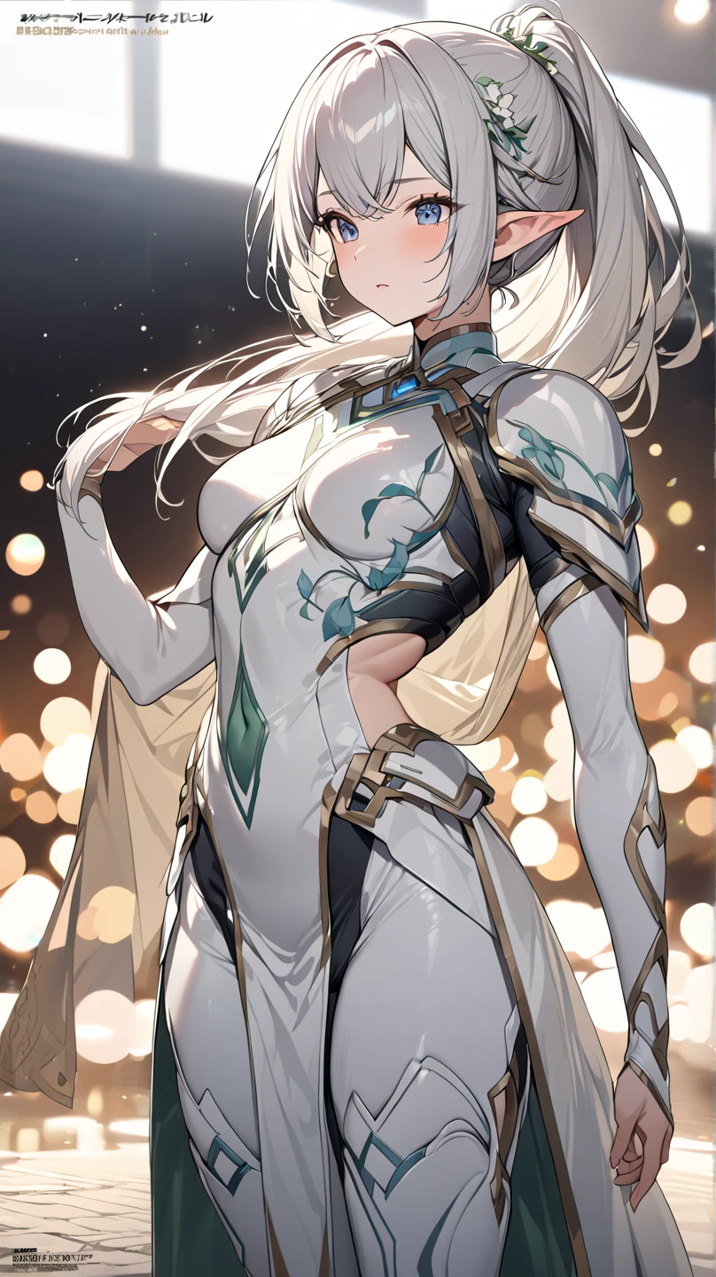 (masterpiece), best quality, expressive eyes, perfect face,1girl,score_9,score_8_up,score_7_up, arm_behind_back, brown_hair, cropped_legs, dark-skinned_female, detached_sleeves, green_eyes,brown hair, grey hair streak, hair_ornament, highres, looking_at_viewer, female_focus, multicolored_hair,orange cape,outstretched hand,sethos_\(genshin_impact\), solo, tassel,long_hair, big breasts,cleavage,cowboy shot,desert village,night,(magical girl:1.7),magical girl costume,(elegant dress:1.5),thigh strap,looking at viewer