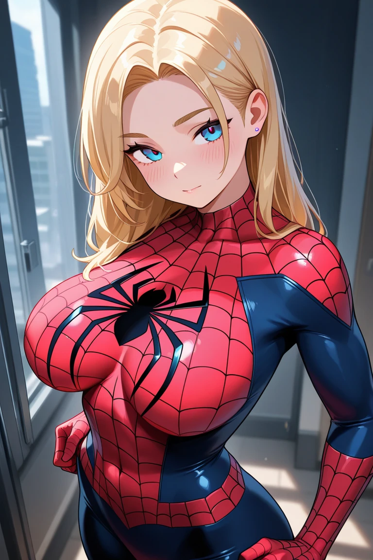 Cammy has large breasts and is wearing her spider suit