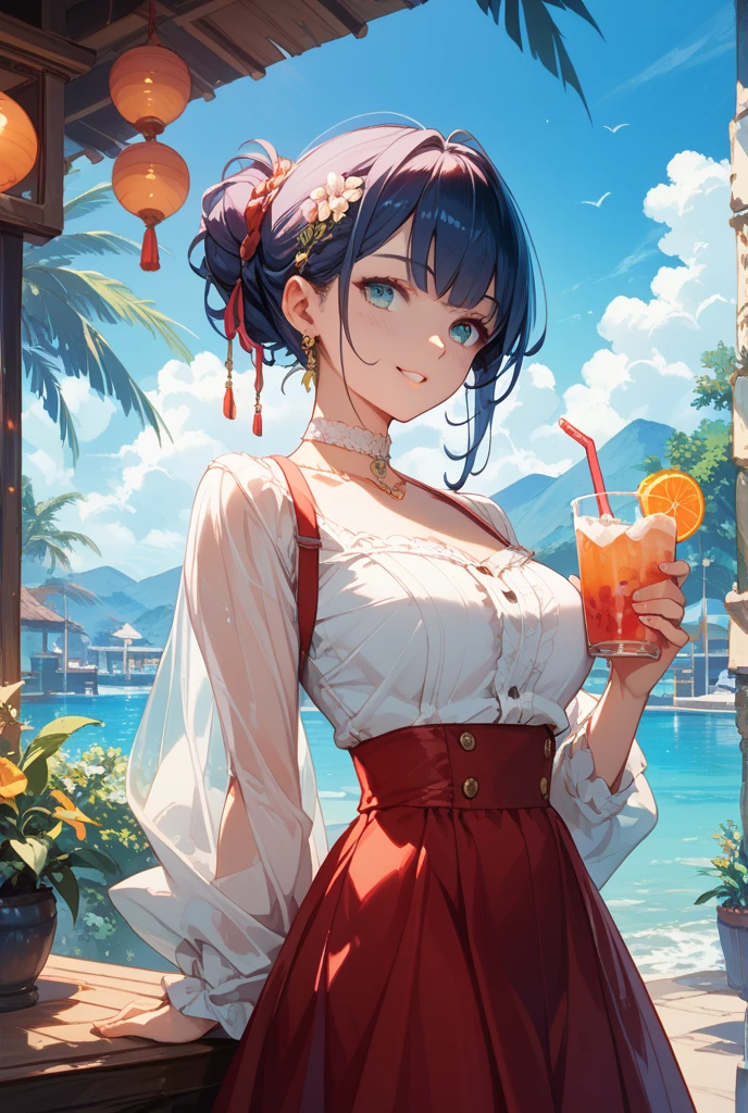 (Chinese beauty) A soft drink made of coconut juice, ice cubes, and coconut juice. Milky white turns white. Very cool. There are colored straws and ice cubes, placed on green leaves, outdoors, a clear blue sky, beautiful clouds