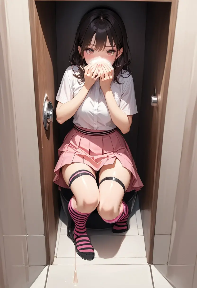 ((Best quality)), ((masterpiece)), (detailed), perfect face, full length in a pink skirt, and kneeling on the ground in pink and black striped thigh-high socks, eyes averted, hands away from mouth, and an open face, covered with sperm, while sucking dick through a glory hole in a toilet stall, skirt lifted, Thongs are visiblevisible, вид сверху