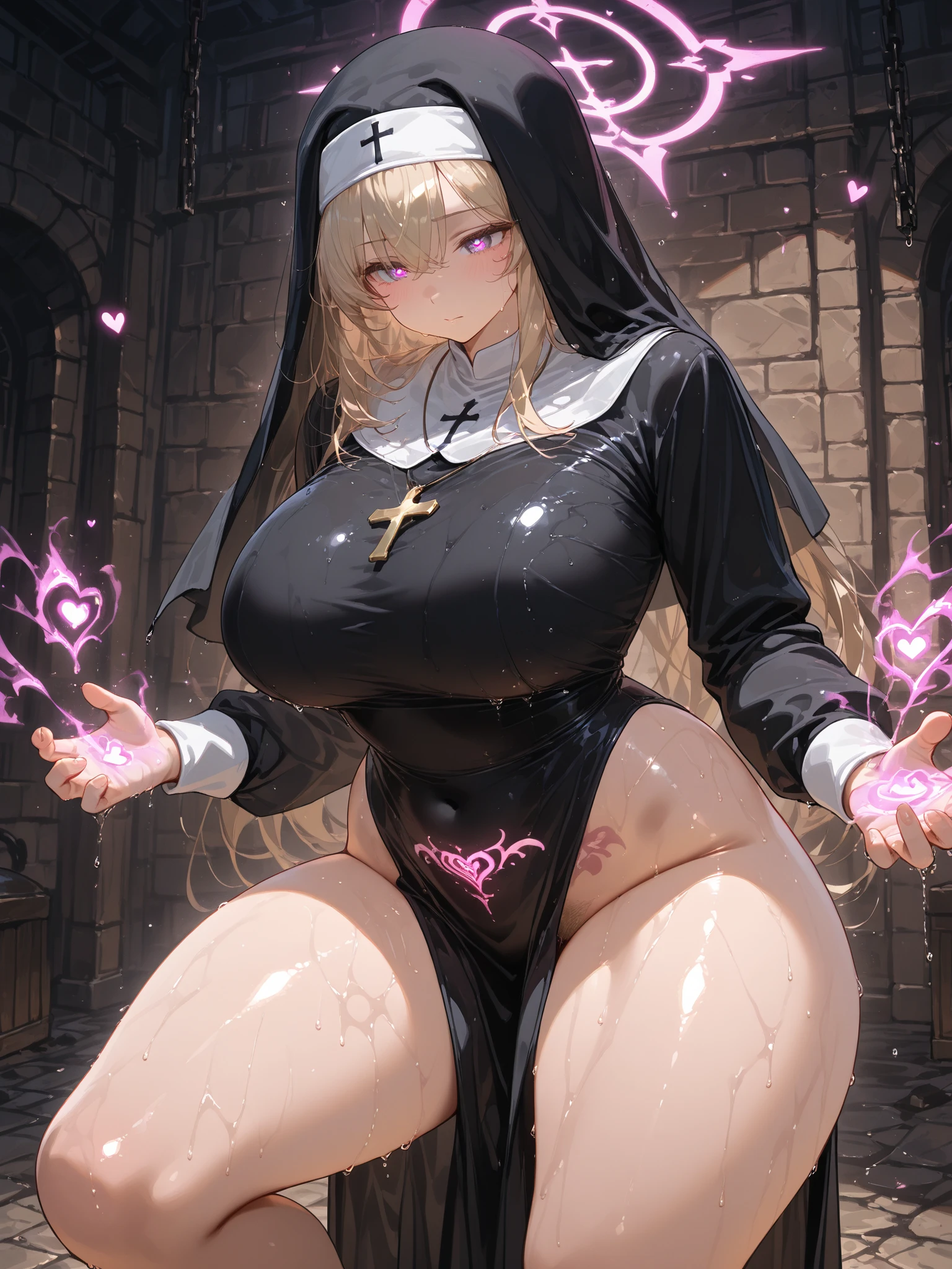 ((Nun))devil horns, red eyes, in prison, Mind control by a succubus, Sexy latex strip, 3P sex, with devil's wings, Choker, big bust, , dark, night, medium hair, In a dark basement, (Nun복) Inverted cross necklace, Nun복,